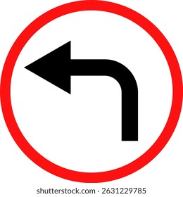 Left Turn symbol.  sharp turn warning. turn left sign. driving navigation icon. traffic direction and Road safety. warning road sign
