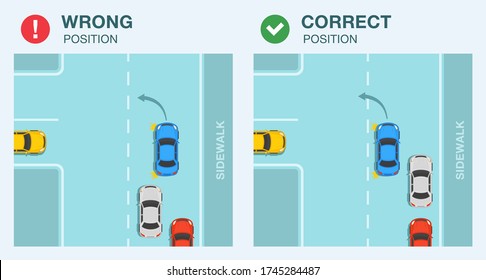 Left Turn Traffic Rules. Wrong And Correct Car Position On Road Infographic. Flat Vector Illustration.