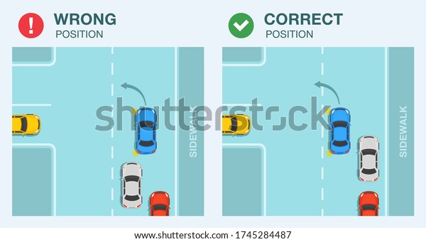 Left turn traffic\
rules. Wrong and correct car position on road infographic. Flat\
vector illustration.