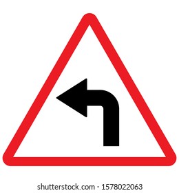 Left turn traffic sign vector . Red triangle background. Roadways traffic signal post.