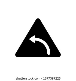 Left turn traffic sign vector  in solid black flat shape glyph icon, isolated on white background