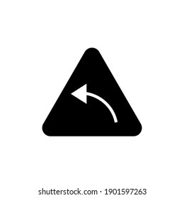 Left turn traffic sign vector  in solid black flat shape glyph icon, isolated on white background