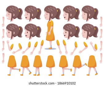 Left View Cute Girl Character Creation Set with Vector Illustration.