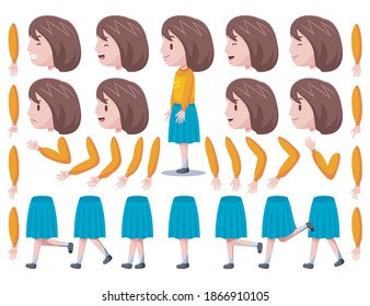 Left View Cute Girl Character Creation Set with Vector Illustration.