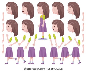 Left View Cute Girl Character Creation Set with Vector Illustration.