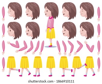 Left View Cute Girl Character Creation Set with Vector Illustration.