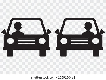 Left-hand and right-hand traffic. Cars with driver on transparent background. Black silhouette. Vector illustration