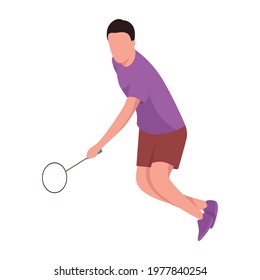 A left-handed badminton player try to defense his point. Sports flat illustration.