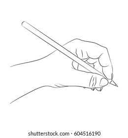 Left-hander writing or drawing something. Lefty person concept. A female hand holding pencil. Black and white line sketch, isolated. Vector illustration.