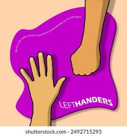 Lefthanders Day event banner. Left hands playing Rock Paper Scissor on purple mat to celebrate on August 13th