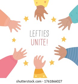 Banner de concepto de regla Lefties. 13 de agosto, Día Internacional de la Izquierda. Las manos izquierdistas de los niños se organizan en círculo, se ayudan y se apoyan mutuamente. Tarjeta de evento, estilo de línea. Ilustración vectorial.