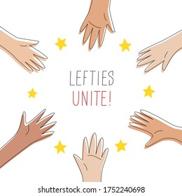 Lefties unite concept banner. August 13, International Left-handers Day celebration. Left hands organised in a circle, help and support each other. Event card, cute line style. Vector illustration.