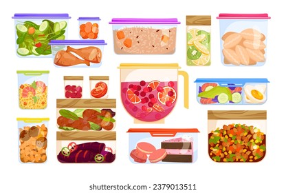 Leftover food in boxes set vector illustration. Cartoon isolated glass and plastic containers collection with healthy meal left over from dinner or lunch, food organization and storage in home fridge