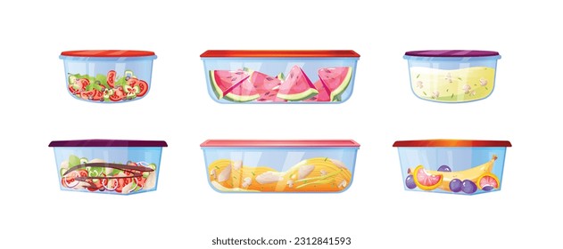 Leftover plastic lunch food containers for salad storage vector icon set. Vegetable and fruit meal takeaway for picnic. Cooked vegetarian fresh mealtime with mushroom glass packaging cover clipart.
