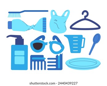 leftover toothpaste toothbrush plastic hanger bottle pump comb spoon plate measuring cup and eyeglasses broken cracked