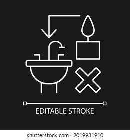 Leftover wax disposal white linear manual label icon for dark theme. Thin line customizable illustration for product use instructions. Isolated vector contour symbol for night mode. Editable stroke