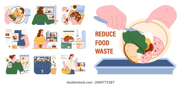 Leftovers set. Sustainable cooking, repurpose nextovers to reduce food waste. Correct meal storage, freezing and canning. Meal plan development and conscious consumption. Flat vector illustration