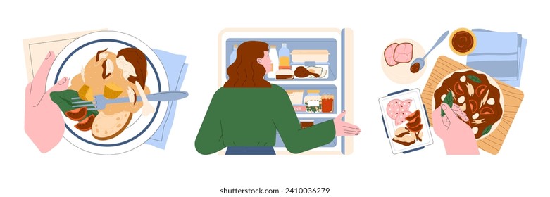 Leftovers set. Sustainable cooking, repurpose nextovers to reduce food waste. Correct meal storage, freezing and canning. Meal plan development and conscious consumption. Flat vector illustration