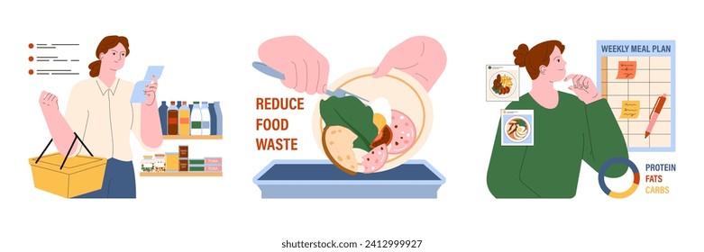 Leftovers set. Sustainable cooking, repurpose nextovers to reduce food waste. Correct meal storage, freezing and canning. Meal plan development and conscious consumption. Flat vector illustration