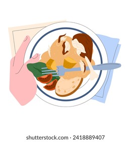 Leftovers. Sustainable cooking, repurpose nextovers to reduce food waste. Meal prep with nextovers on a plate, promoting food waste reduction and efficient home cooking. Flat vector illustration.