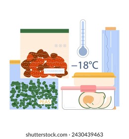 Sobras. Cocina sostenible, reutiliza los siguientes ingredientes para reducir el desperdicio de alimentos. Congelación de alimentos. Conservación de frutas y verduras en un congelador. Solución sostenible. Ilustración vectorial plana.