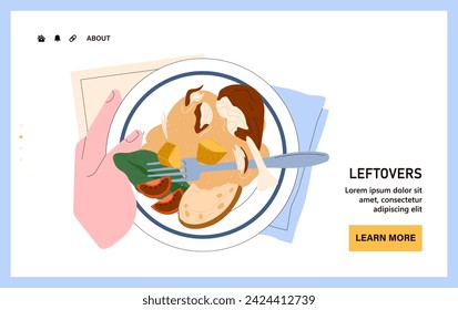 Leftovers web or landing. Sustainable cooking, repurpose nextovers to reduce food waste. Nextovers on a plate, promoting food waste reduction and efficient home cooking. Flat vector illustration.