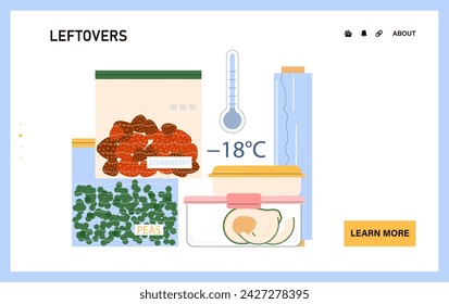 Leftovers web or landing. Sustainable cooking, repurpose nextovers to reduce food waste. Food freezing. Preservation of fruits and vegetables in a freezer. Sustainability. Flat vector illustration.