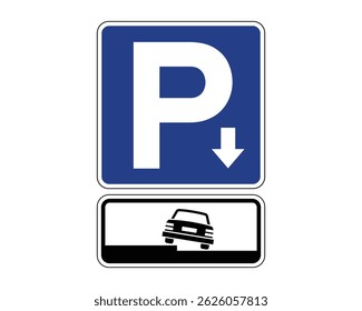 Left-Side Parallel Parking Sign with an arrow indicating the place of action and Additional Panel – Official Guide for Partial Curbside Parking with Two Wheels on Sidewalk – High-Quality Stock