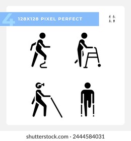 Leg amputation black glyph icons set on white space. Bionic prosthesis, amputee. Modern biotechnology. Injury recovery. Silhouette symbols. Solid pictogram pack. Vector isolated illustration svg