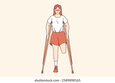 Leg amputation caused by chronic health problems in woman with disabilities using crutches. Happy girl smiles and shows positive emotions despite leg amputation causing problem in life