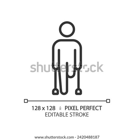 Leg amputation linear icon. Injury recovery, mobility aids. Amputee special needs. Physiotherapy treatment. Thin line illustration. Contour symbol. Vector outline drawing. Editable stroke