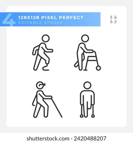 Leg amputation linear icons set. Bionic prosthesis, amputee. Modern biotechnology. Injury recovery. Customizable thin line symbols. Isolated vector outline illustrations. Editable stroke