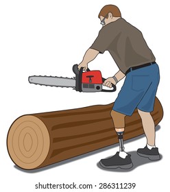 Leg amputee getting ready to cup up log with chainsaw