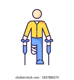 Leg amputee RGB color icon. Disabled man with crutches. Rehabilitation for handicapped person. Patient with bandaged leg. Recovery from injury. Mobility difficulty. Isolated vector illustration