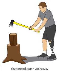 Leg amputee splitting wood with axe