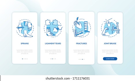 Leg and arm traumas onboarding mobile app page screen with concepts. Traumatism, ligament tears, fractures walkthrough 4 steps graphic instructions. UI vector template with RGB color illustrations