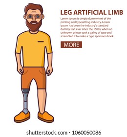 Leg artificial limb.Man beard .Young Person sport prostheses. Cartoon character flat line art vector. Isolated on white.The guy who has overcome disability.