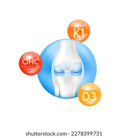 Leg bone knee cartilage human skeleton anatomy. Vitamin D3, K1 and Ossein hydroxyapatite complex extracted from bovine bones help treat osteoporosis. Medical concepts. 3D Vector.