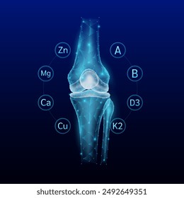 Leg bone translucent polygon style surrounded by vitamins and minerals calcium zinc magnesium protect and restore knee joint cartilage. On blue background. Vector.