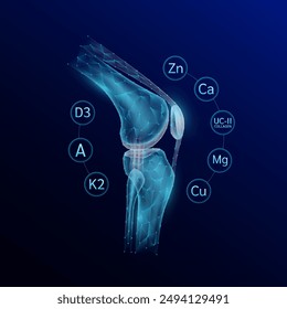 Leg bone translucent polygon style surrounded by vitamins collagen and minerals calcium zinc magnesium protect and restore knee joint cartilage. On blue background. Vector.