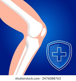 Leg bones and knee joint cartilage inflammation on blue background Human skeleton anatomy. Medical health care science vector