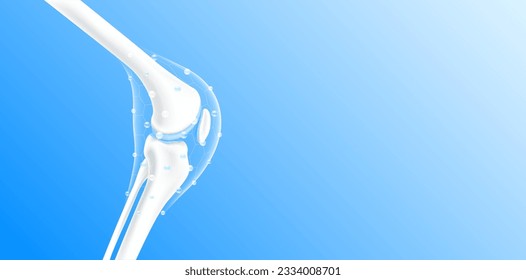 Leg bones and knee joint side with copy space for text. Collagen vitamins bubble and calcium line hexagon connecting surround care bone cartilage. Healthy human skeleton anatomy. Realistic 3D vector.