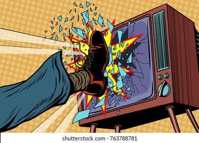 Leg breaks TV, concept fake news. Pop art retro vector illustration