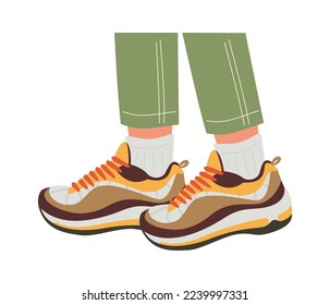 Leg in comfortable sneakers flat icon Trendy shoes. Vector illustration