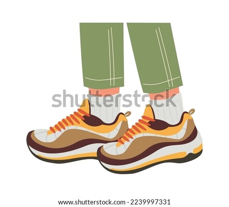 Leg in comfortable sneakers flat icon Trendy shoes. Vector illustration