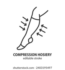 Leg with compression stocking line icon. Medical underwear vector illustration. Editable stroke.