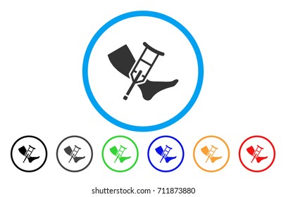 Leg And Crutch rounded icon. Vector illustration style is a grey flat iconic leg and crutch symbol inside a circle. Additional color versions are black, gray, green, blue, red, orange.