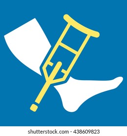 Leg and Crutch vector icon. Style is bicolor flat icon symbol with rounded angles, yellow and white colors, blue background.