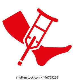 Leg and Crutch vector icon. Style is flat icon symbol with rounded angles, red color, white background.