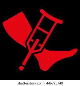 Leg and Crutch vector icon. Style is flat icon symbol with rounded angles, red color, black background.